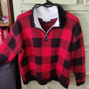 Red & Black Checkered Plaid Half-Zip Sweater